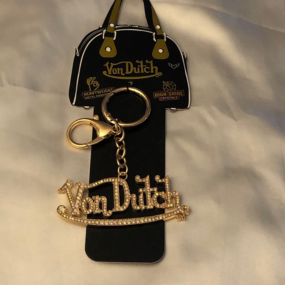 Von Dutch Gold Tone Iced Out Logo Bag Charm Key Chain Crystal Accents NWT